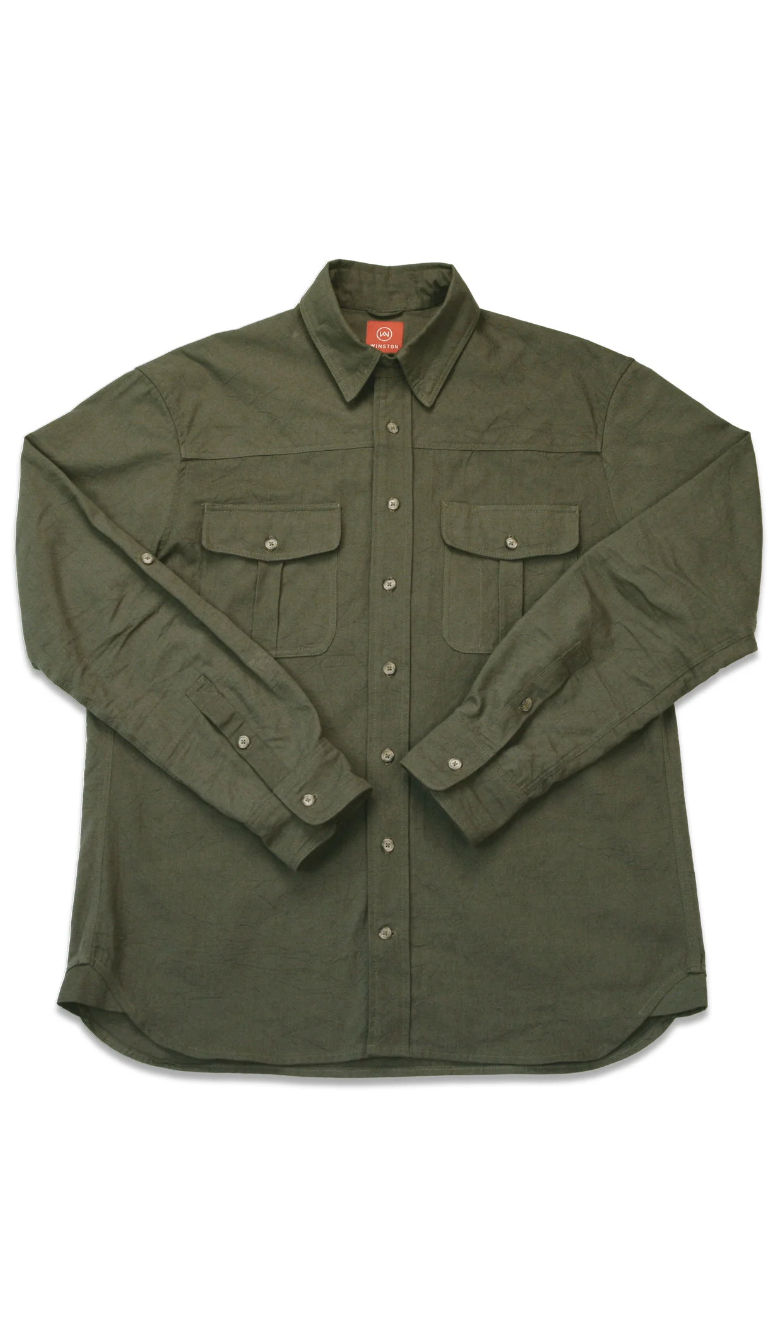 Winston olive button-down shirt laid flat